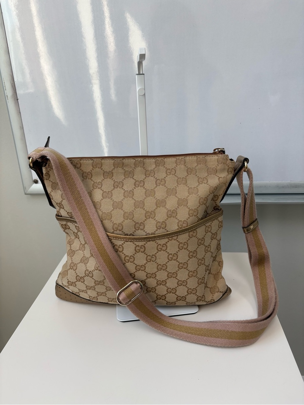 Gucci Beige GG Canvas Crossbody with Pink and Tan Stripe Strap